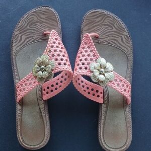 Pink and Brown Sandals with Floral Embellishments